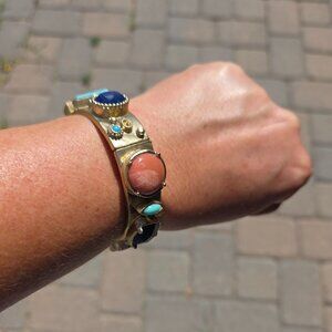 Chico's Chunky Brushed Hammered Goldtone Hinged Bracelet with Raised Stones NWTs